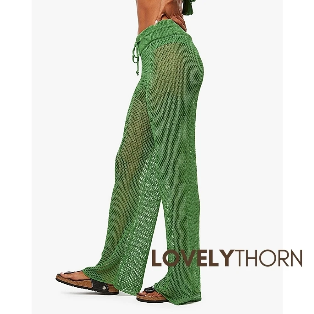 WE WORE WHAT // green crochet drawcord cover-up wide leg Danielle Bernstein